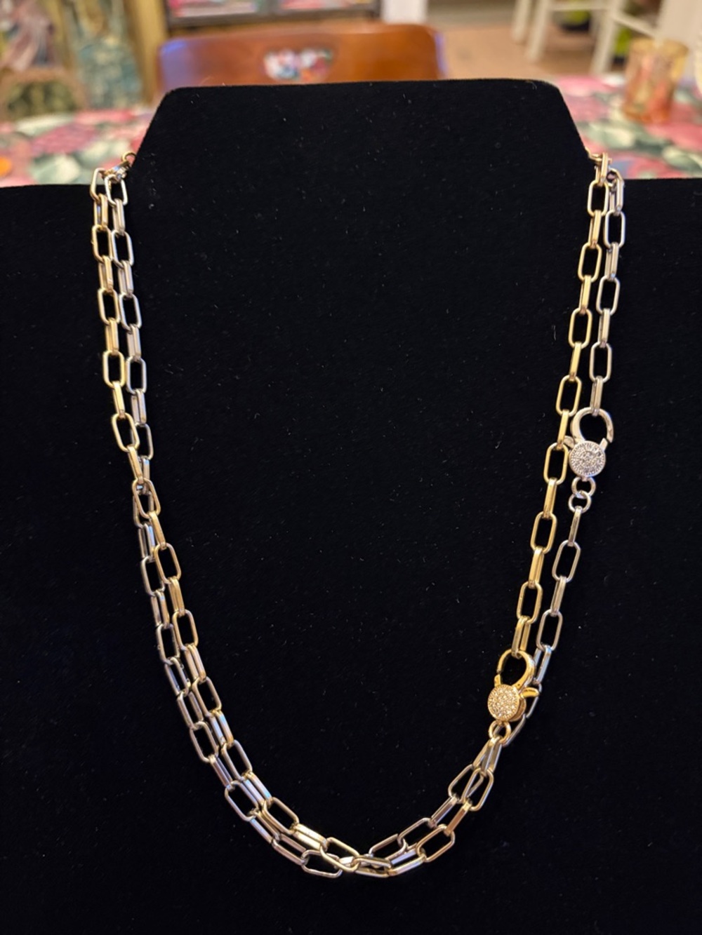 Set of 2 Silver and Gold Link Paperclip Necklaces Pave Clasps